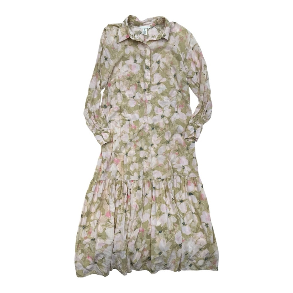 H&M Floral Midi Collared Pink Green Shirt Dress - Size Small